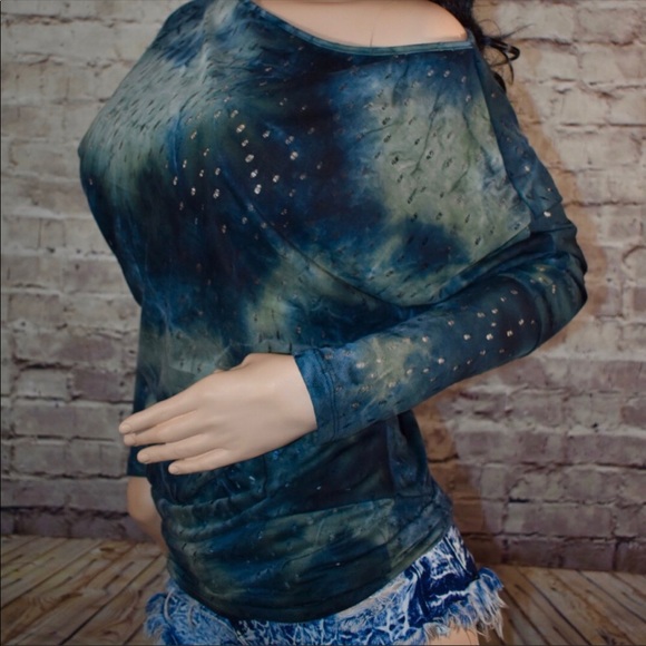 🛍LAST 1❤️Green Off Shoulder Tie Dye Dolman Top - Picture 2 of 2
